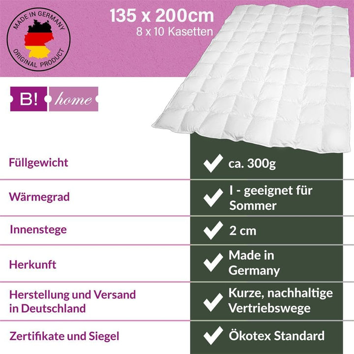 B!HOME Sommerdecke 100% Daunen 135x200cm (300g) Bezug 100% Baumwolle Decke Sommerbett Bettdecke Step