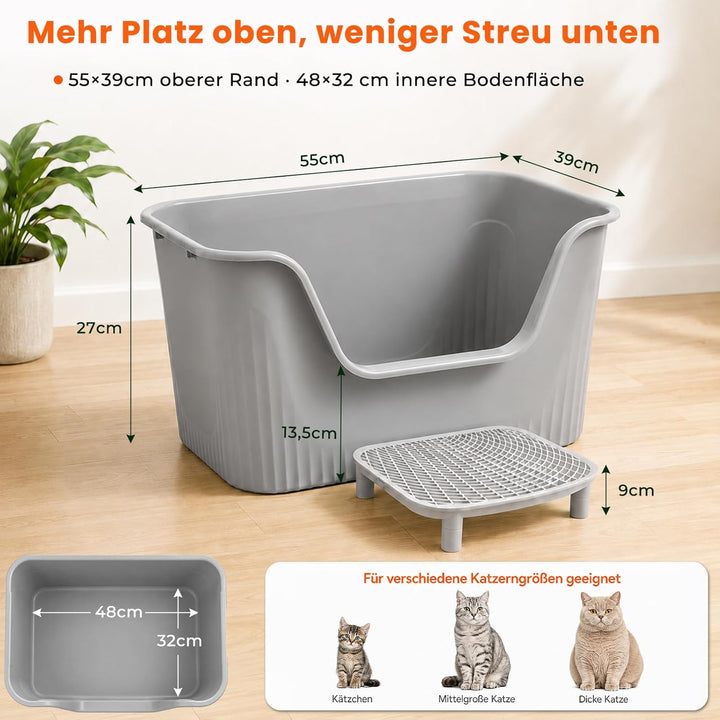 Katzenklo Mit hohem Rand, Grau Katzentoilette Offen Standard (60L) – 54x40x27 cm, Matte & Schaufel,