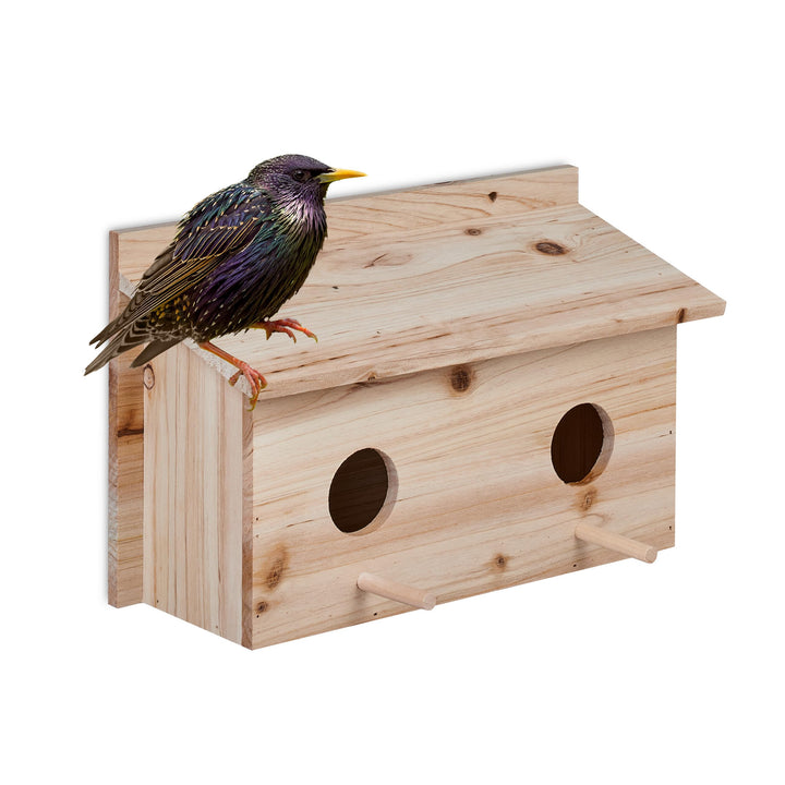 Relaxdays Nistkasten für Stare, natürliches Tannenholz, 2X Einflugloch 5 cm, Sitzstange, Vogelhaus z