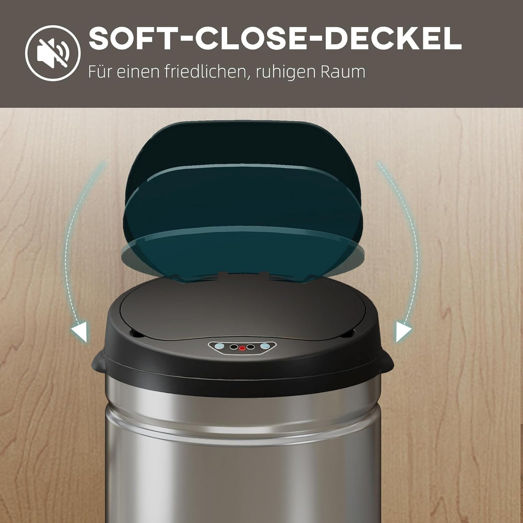 HOMCOM Mülleimer mit Sensor 30L Edelstahl Automatischer Leiser Mülleimer mit Soft-Close-Deckel, Bewe