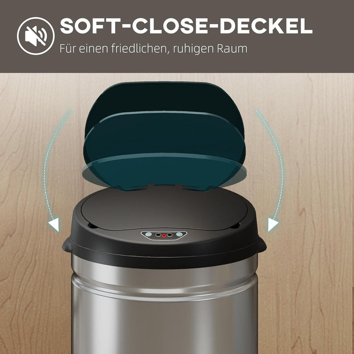 HOMCOM Mülleimer mit Sensor 30L Edelstahl Automatischer Leiser Mülleimer mit Soft-Close-Deckel, Bewe