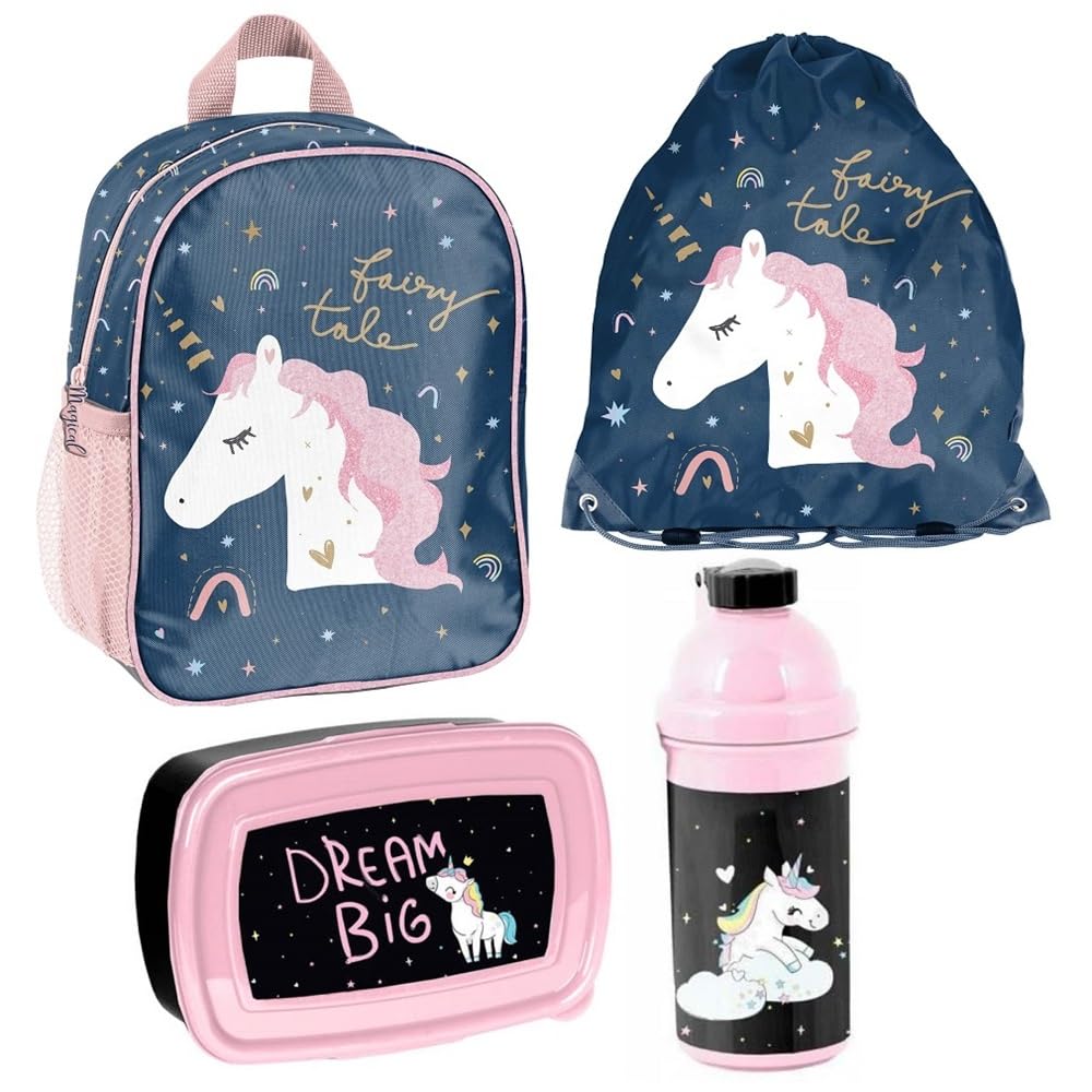 Unicorn Einhorn Kindergarten-Rucksack Set 4tlg. mit Brotdose, Trinkflasche und Turnbeutel Be