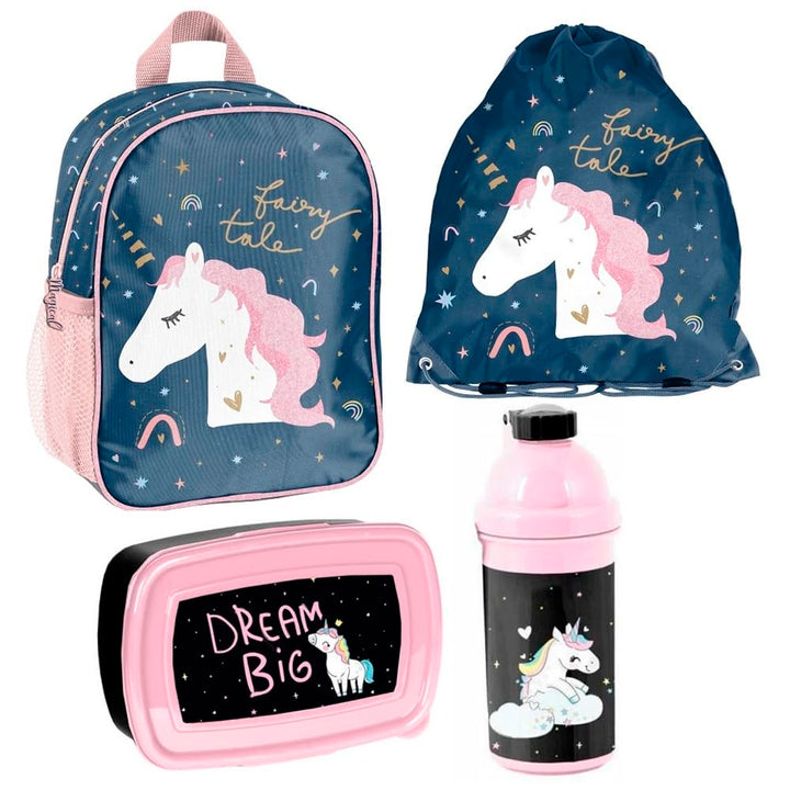 Unicorn Einhorn Kindergarten-Rucksack Set 4tlg. mit Brotdose, Trinkflasche und Turnbeutel Be