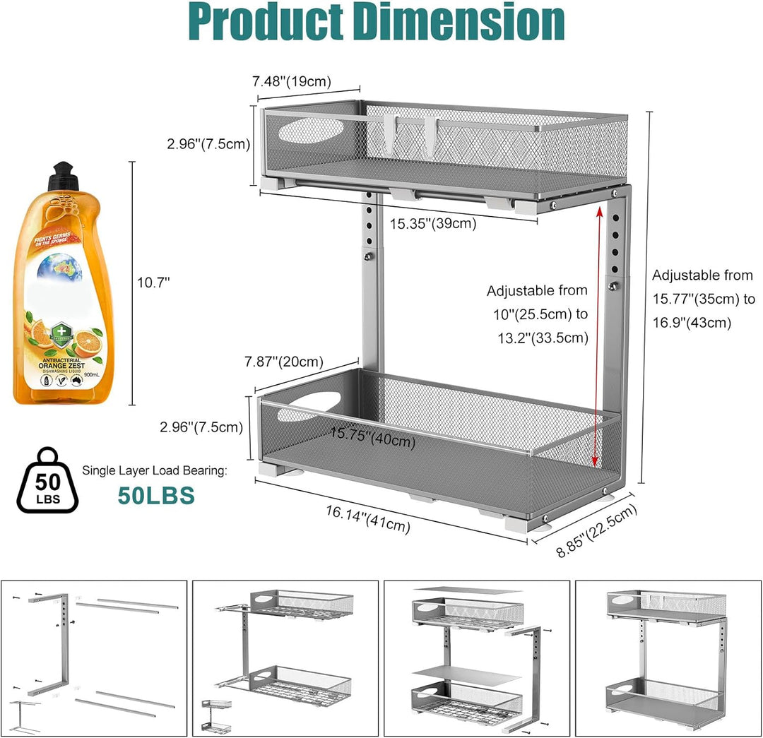 Housolution Unter Waschbecken Spüle Organizer Unterschrank Regal, Grau | Robustes Metall, Höhenverst