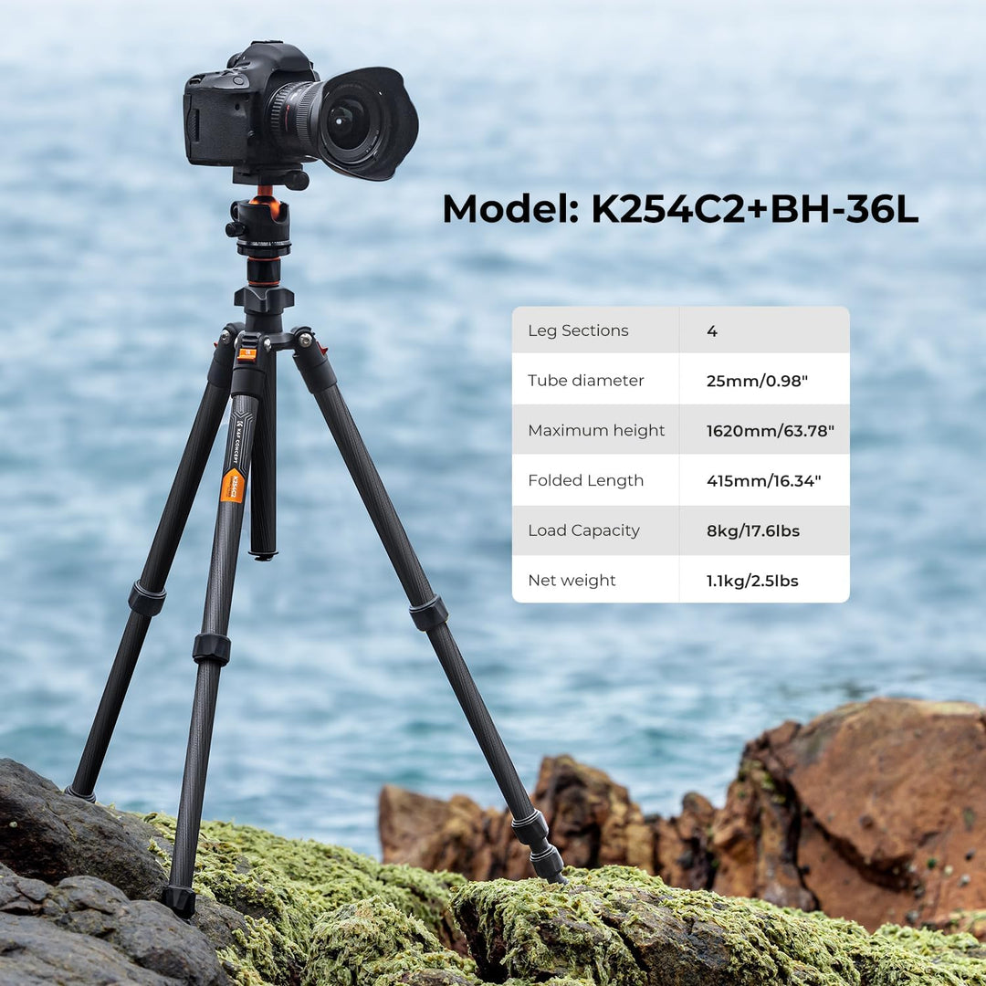 K&F Concept K254C2 Kamera stativ aus Kohlefaser, Stativ Kamera 162cm,Reisestativ Arca Swiss kompatib