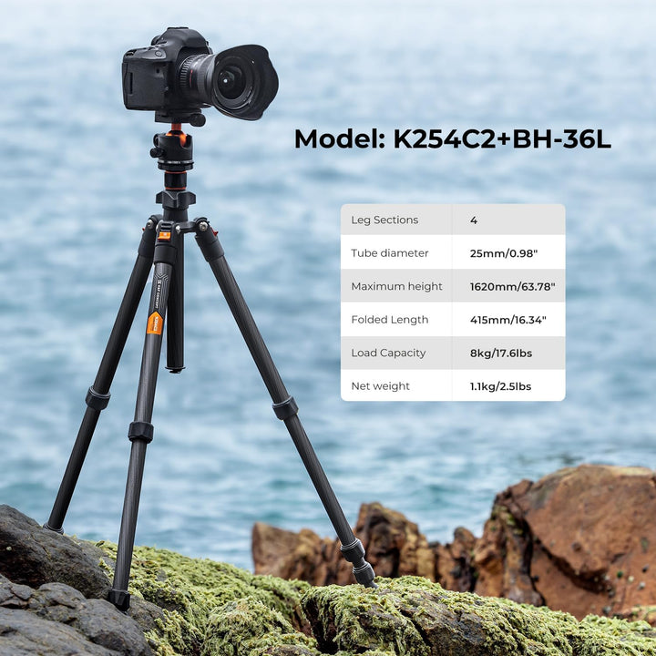 K&F Concept K254C2 Kamera stativ aus Kohlefaser, Stativ Kamera 162cm,Reisestativ Arca Swiss kompatib