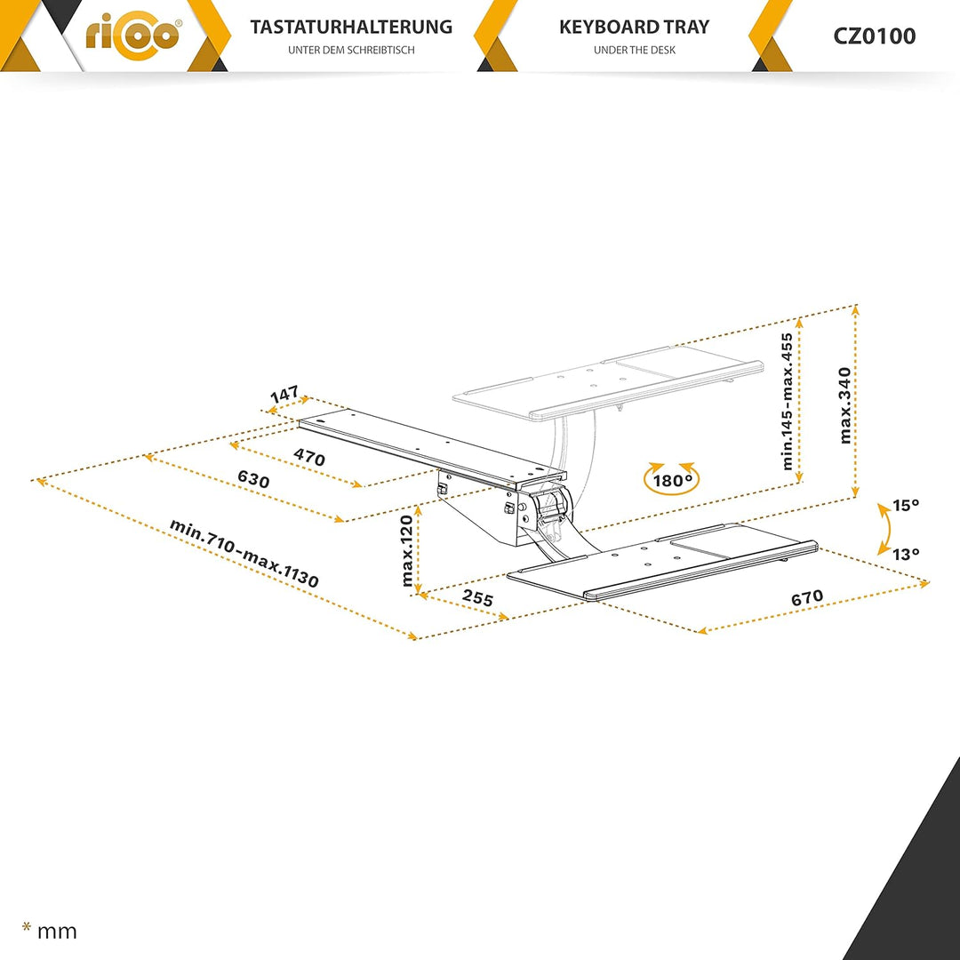 RICOO Tastaturschublade Ergonomisch Universal, Unter Schreibtisch Ausziehbar Schwenkbar Neigbar Tast