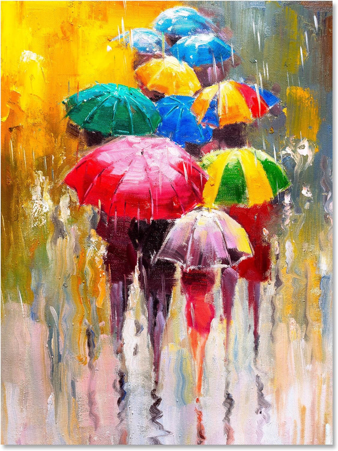 wandmotiv24 Leinwandbild Malerei, 80x60cm, Hochformat, Regenschirme, Menschen, Deko, Bilder auf Lein