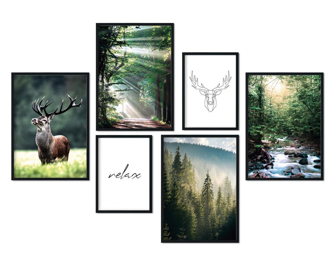 Premium Poster Set | Deko Bilder Wohnzimmer Modern | Schlafzimmer Bild für die Wand | (Wald Hirsch,