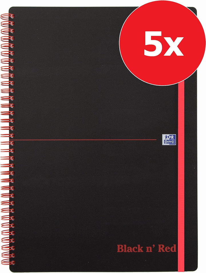 Oxford 400047654 Spiralbuch Black n' Red 5er Pack DIN A4 kariert flexibler Deckel 70 Blatt schwarz r