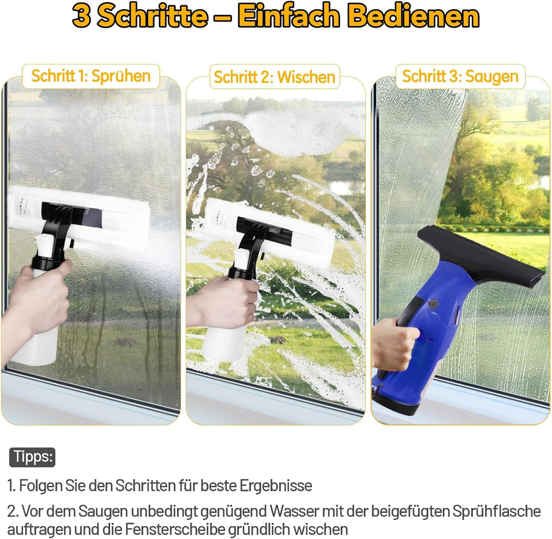 Fenstersauger, wiederaufladbarer Fensterabzieher, streifenfrei mit 28 cm und 17 cm Abzieherklingen,