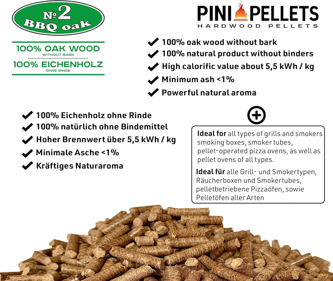 PINI Hartholz Pellets Eiche 15 Kg + Buche 15 Kg für Grill, Smoker, Pizzaofen und Heizungsanlagen