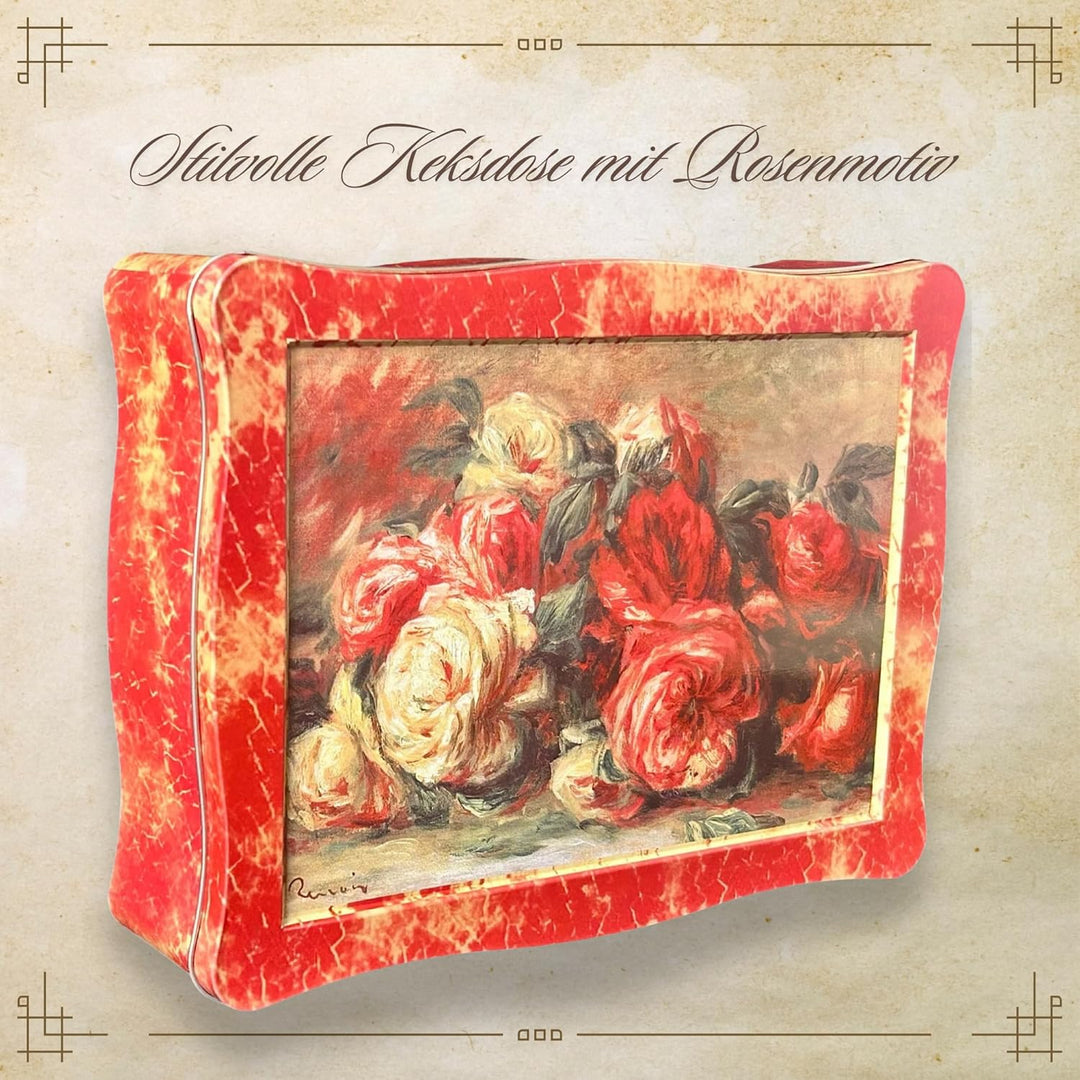 Rosendose - bezaubende, rot melierte Gebäckdose mit Rosen auf dem Deckel - lebensmittelecht - Keksdo
