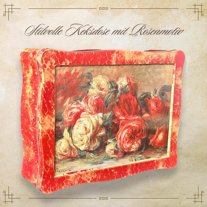Rosendose - bezaubende, rot melierte Gebäckdose mit Rosen auf dem Deckel - lebensmittelecht - Keksdo