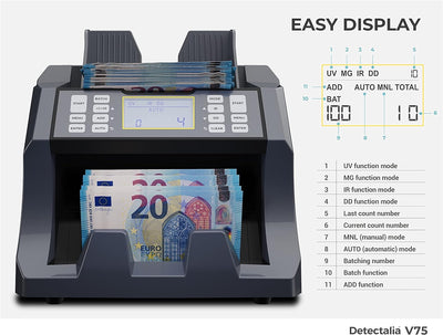 Detectalia V75 Banknotenzähler und Geldscheinprüfer für jede Währung, 27 x 21 x 24 cm Ungemischte Ba
