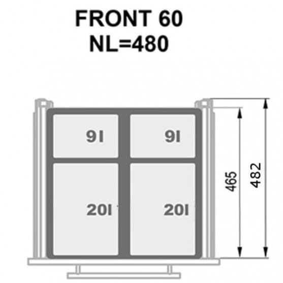 Einbau-Mülleimer für 60 cm Schrank SEGREGO 4-fach Abfallsystem mit Deckel Soft-Close & Vollauszug 56