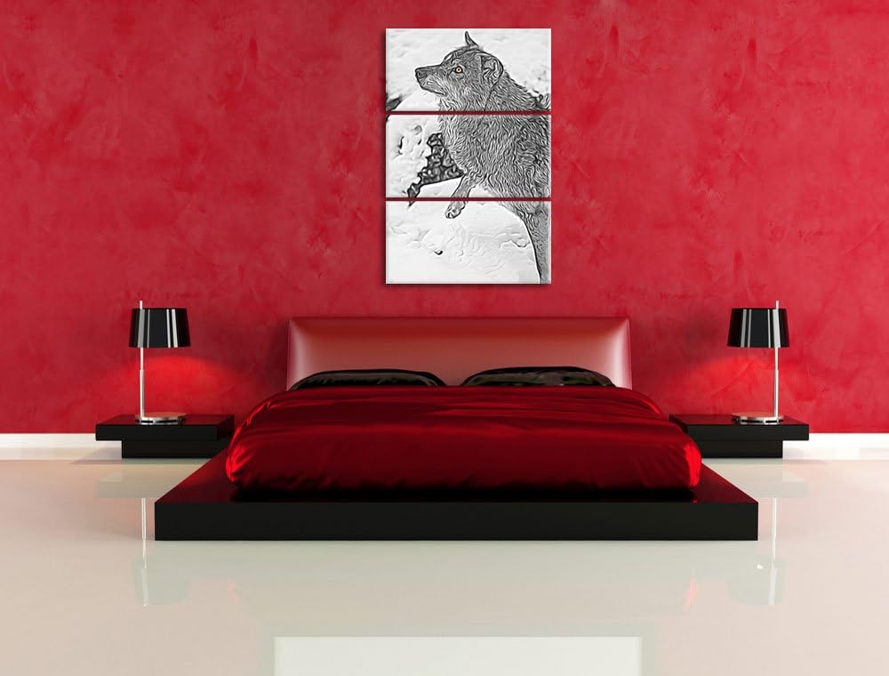 schöner Wolf im Schnee schwarz/weiss Deluxe 3-Teiler Leinwandbild 120x80 Bild auf Leinwand, XXL ries