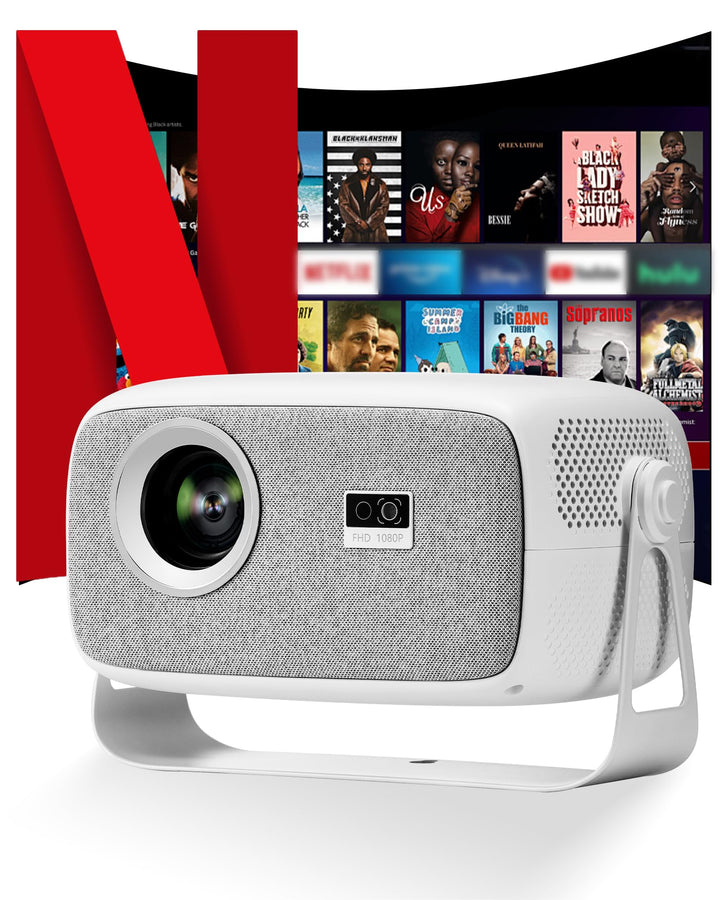 【Offiziell Lizenziertes Netflix & Autofokus】 Mini-Projektor mit WLAN und Bluetooth, 270°-Drehung, ge