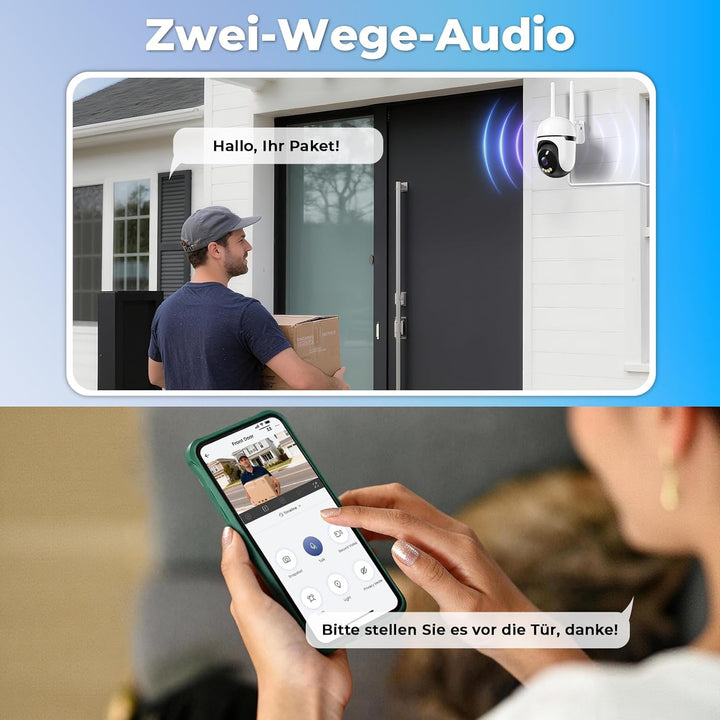 2K Überwachungskamera Aussen, WLAN 360° Kamera 3MP 2.4G & 5G WiFi mit Farbiger Nachsicht, IP66, Zwei