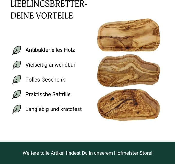 2x HOFMEISTER® Schneidebrett Saftrille Olivenholz - praktisches Set aus zwei Brettern aus Olive mit