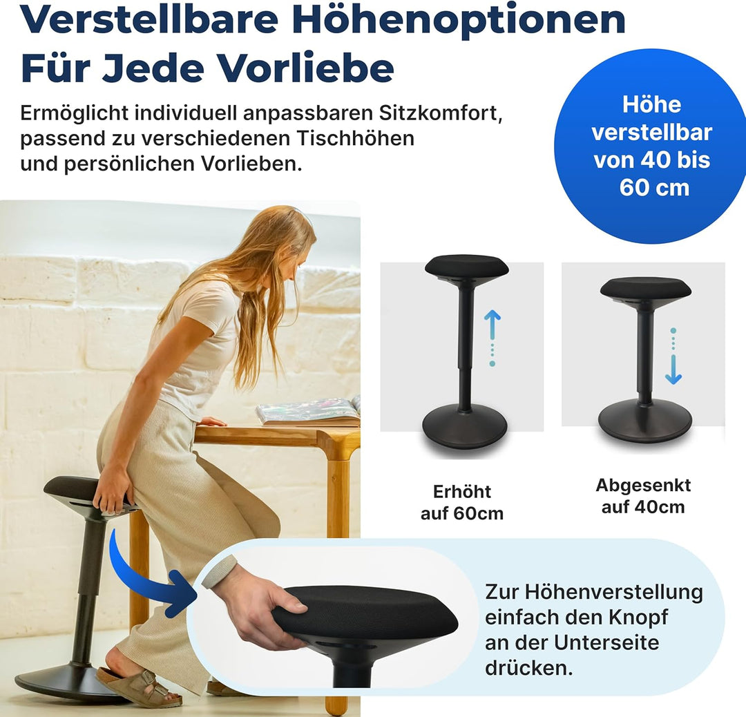 Backerz ergonomischer Wackel-Hocker - Bürohocker mit 40-60 cm Höhenverstellbar, Stehhocker, Arbeitsh