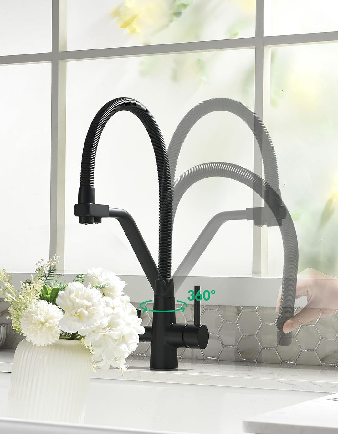 TIMACO 3 Wege Wasserhahn Küche Schwarz,Küchenarmatur-360° Drehbar,mit 3 in 1 Wasserhahn für Wasserfi