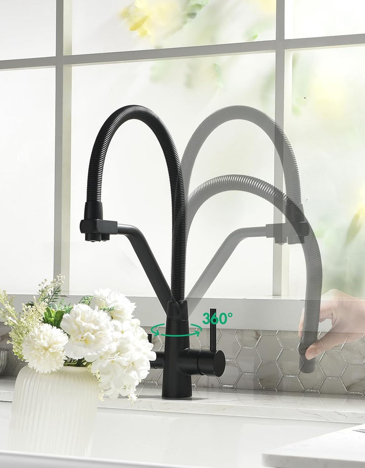 TIMACO 3 Wege Wasserhahn Küche Schwarz,Küchenarmatur-360° Drehbar,mit 3 in 1 Wasserhahn für Wasserfi