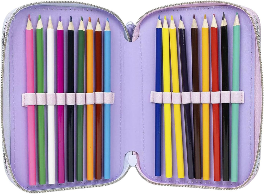 Federmäppchen 3-Fach – 44-teilig gefüllt – für Stitch und Angel Fan – mit Filzstiften, Buntstiften,
