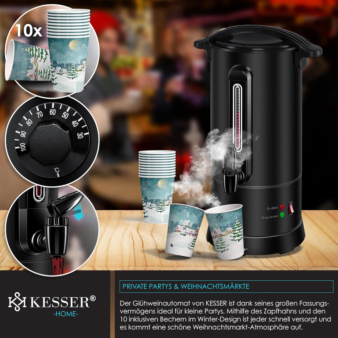 KESSER® Glühweinkessel 10L Edelstahl Inkl. 10x Becher Glühweinkocher mit Thermostat Glühweinautomat