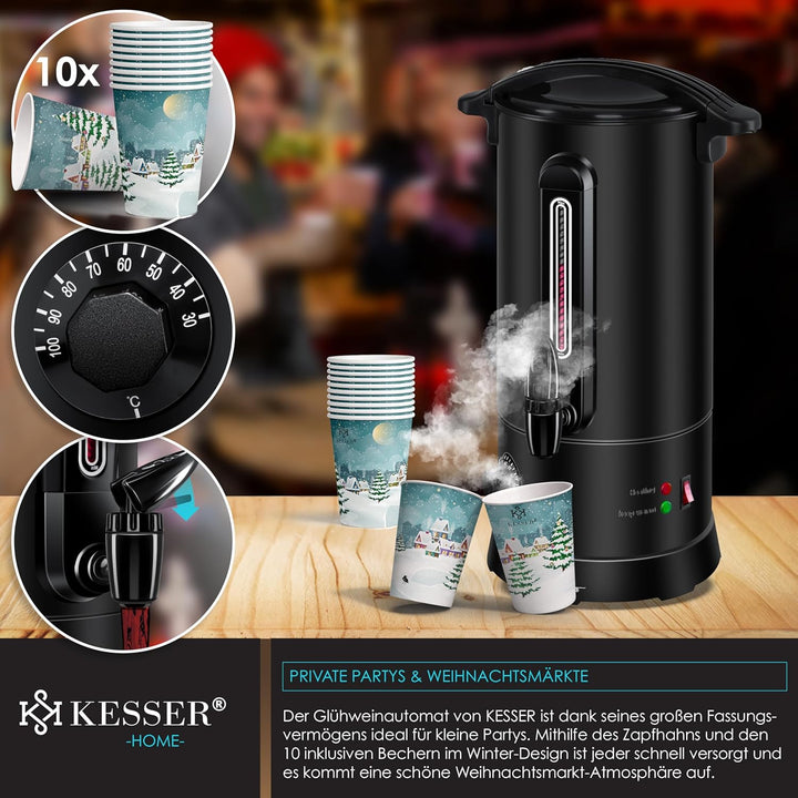 KESSER® Glühweinkessel 10L Edelstahl Inkl. 10x Becher Glühweinkocher mit Thermostat Glühweinautomat