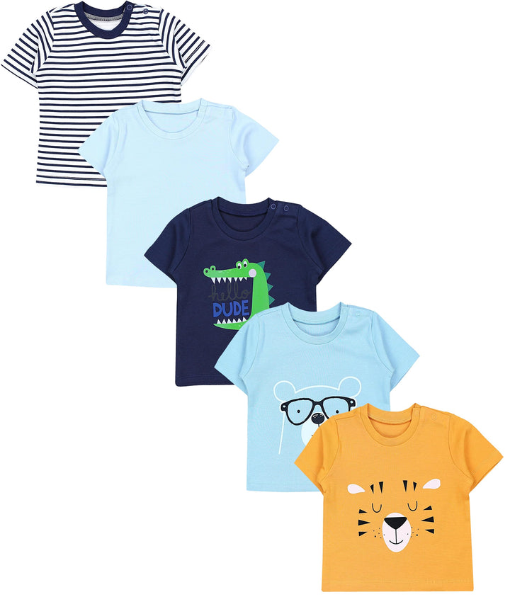 TupTam Baby Jungen Kurzarm T-Shirt mit Aufdruck Unifarben Sterne Streifen 5er Set 80 Löwe Krokodil B