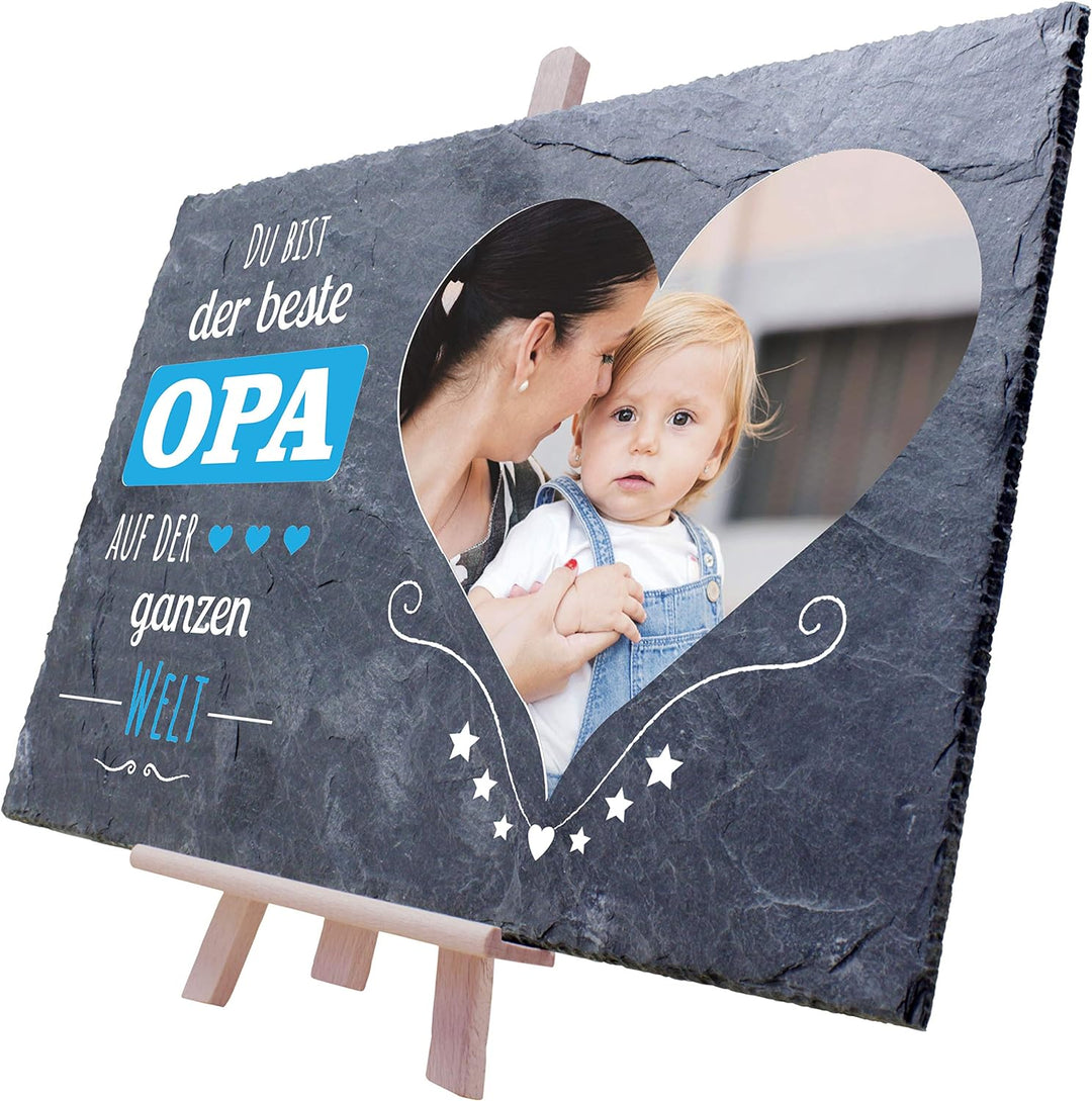 wandmotiv24 Schiefertafel Bester Opa mit Holz-Staffelei, Personalisiert mit Farb-Foto im Herz, Digit