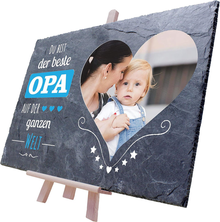 wandmotiv24 Schiefertafel Bester Opa mit Holz-Staffelei, Personalisiert mit Farb-Foto im Herz, Digit
