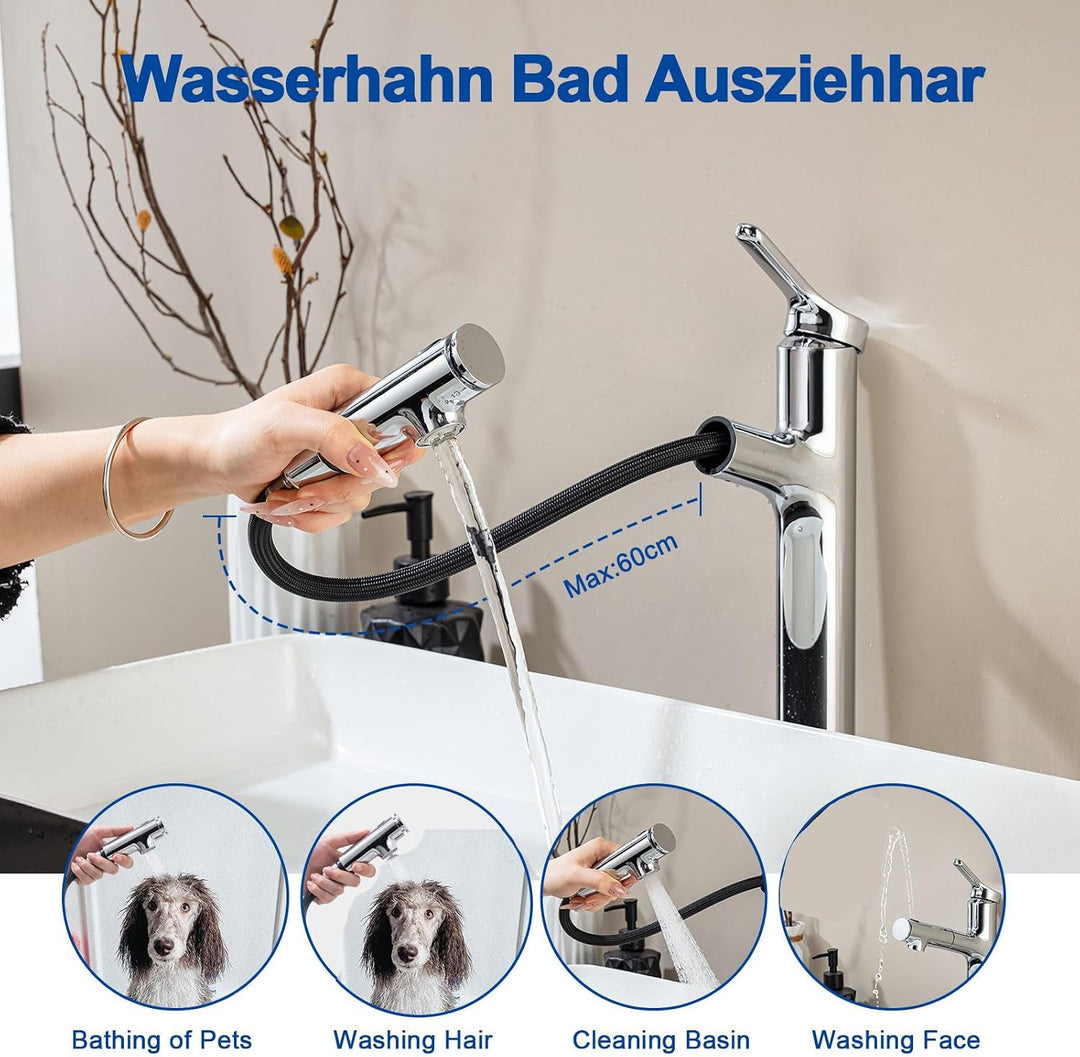 Waschtischarmatur Hoch mit herausziehbarer Brause Wasserhahn Bad,Einhebelmischer Badarmatur Waschtis