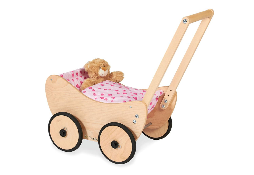 Pinolino Puppenwagen Trixi, aus Holz, inkl. Bettzeug und Bremssystem, Lauflernhilfe mit gummierten H