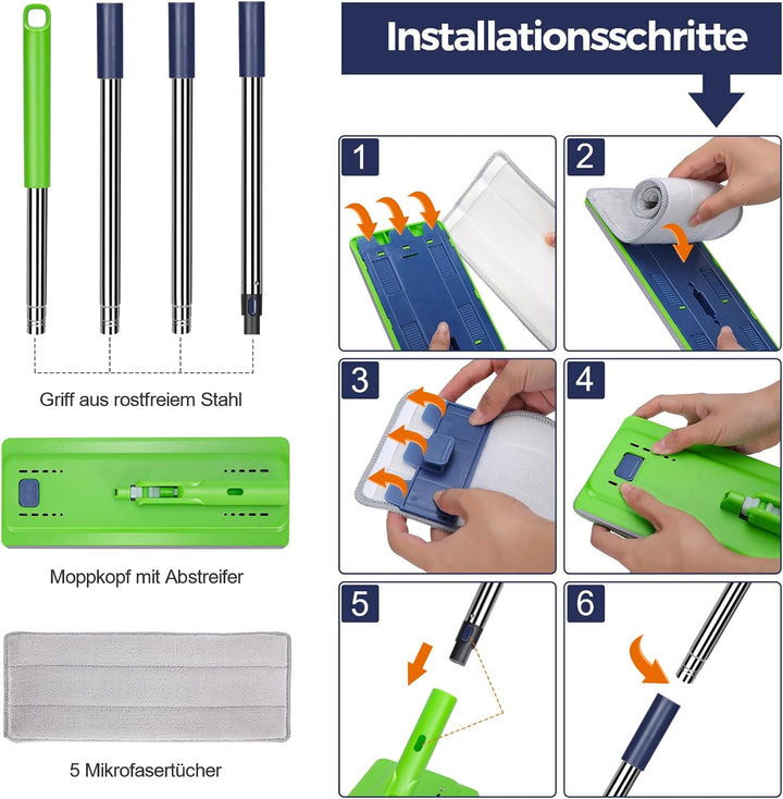 MASTERTOP Wischmopp Set mit Eimer, Bodenwischer und Eimer mit Auswringfunktion, Nass- und Trockenmop