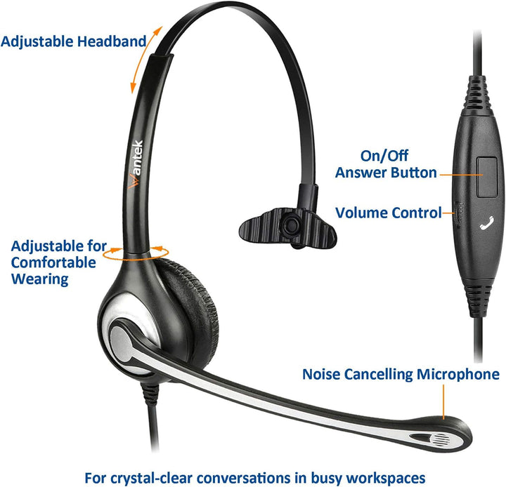 Wantek Headset Handy Mono mit Noise Cancelling Mikrofon, Smartphone Kopfhörer für iPhone Samsung Hua