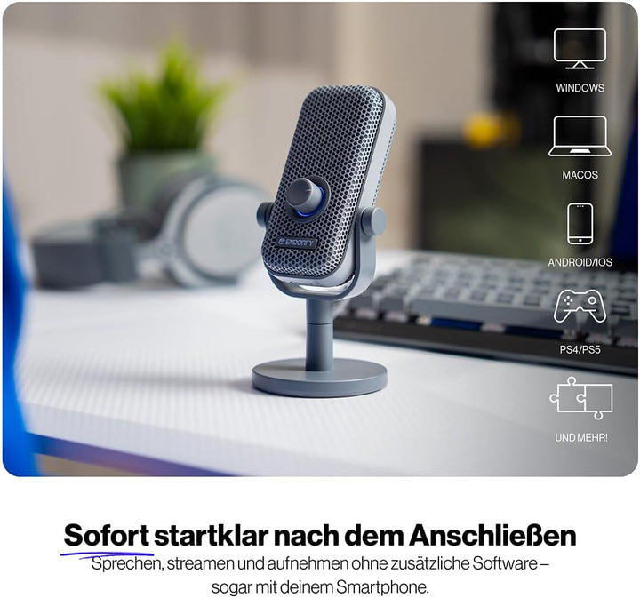 ENDORFY Solum Voice S Alt Gray, Gaming PC mikrofon, Podcast, Streaming, RGB-Beleuchtung, USB Plug &