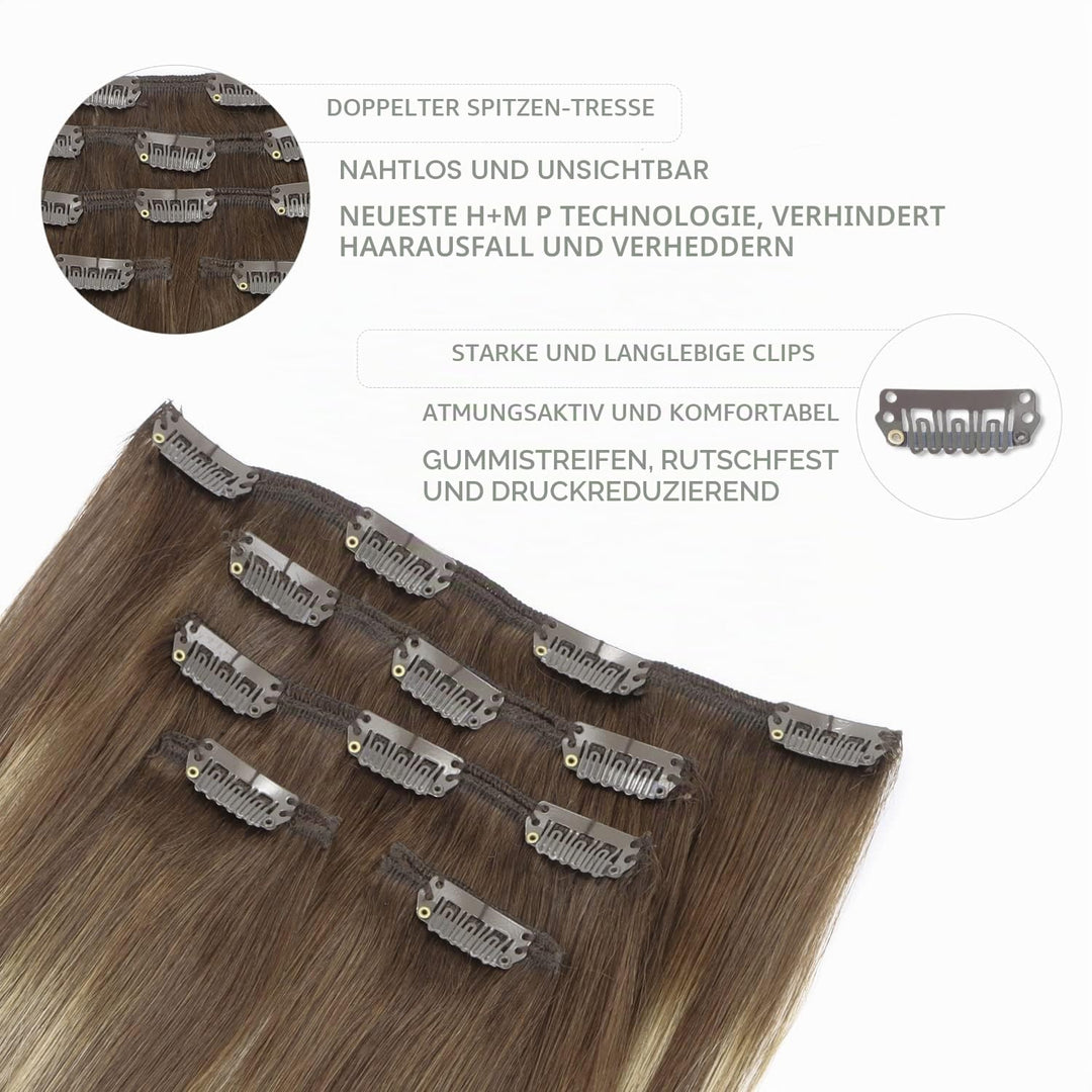 WENNALIFE Clip in Extensions Echthaar, 75g 5pcs 40cm Balayage Schokoladenbraun bis Honigblond Extens