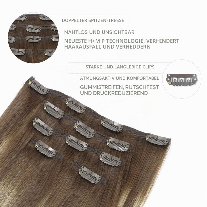 WENNALIFE Clip in Extensions Echthaar, 75g 5pcs 40cm Balayage Schokoladenbraun bis Honigblond Extens