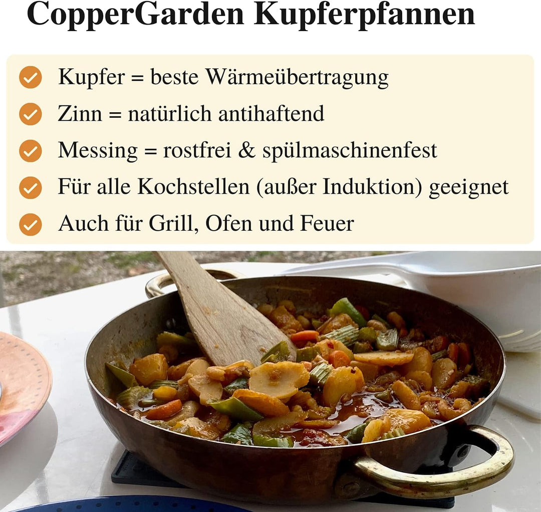 Copper Garden Kupferpfanne 28 cm mit Griffen + Deckel I Mit Zinn beschichtete Pfanne aus Kupfer zur