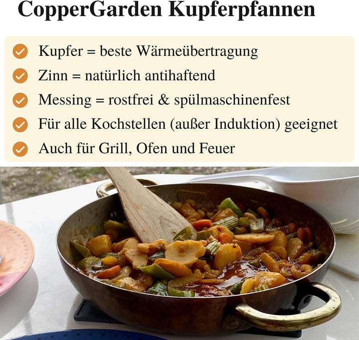 Copper Garden Kupferpfanne 28 cm mit Griffen + Deckel I Mit Zinn beschichtete Pfanne aus Kupfer zur