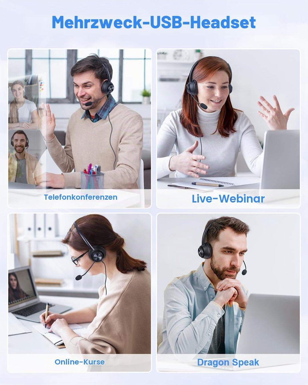 New Bee USB Headset mit Mikrofon, PC Headset mit USB-A &amp; USB-C, Verstellbares Mikrofon für Call Cent