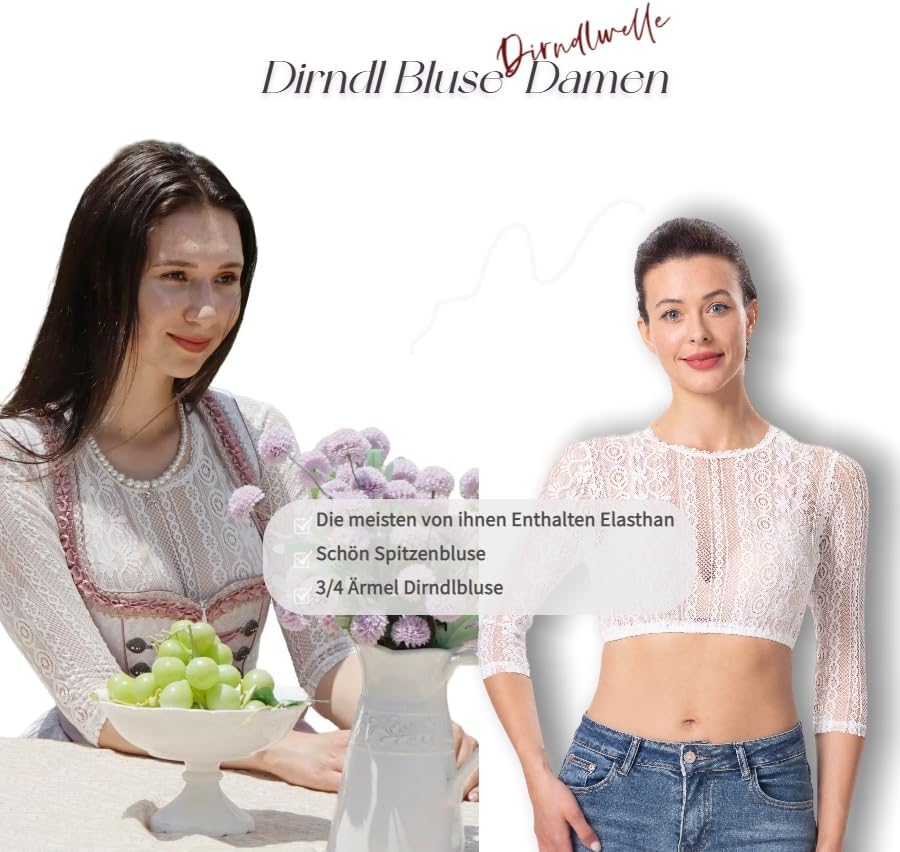 Dirndlwelle Spitze Dirndlbluse Langarm Dirndlbluse Damen Trachtenbluse Creme Dirndl Bluse Hochgeschl