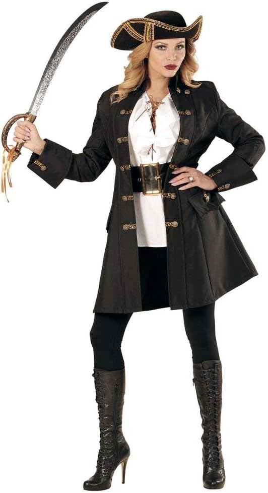 shoperama Schwarzer Damen-Mantel mit goldenen Knöpfen für Piratin Fluch der Karibik Kostüm Seeräuber