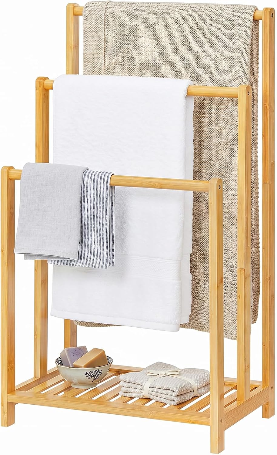 HOOBRO 3-stufige Handtuchleiter, Handtuchständer aus Bambus, Handtuchhalter mit Ablage, 3 Stangen, g