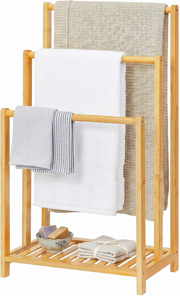 HOOBRO 3-stufige Handtuchleiter, Handtuchständer aus Bambus, Handtuchhalter mit Ablage, 3 Stangen, g
