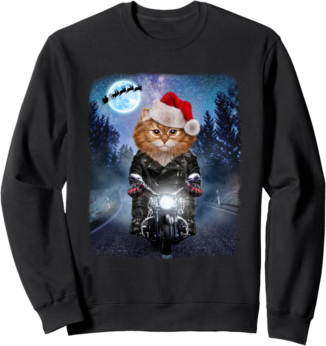 Orange Katze, die Weihnachtsmütze auf Motorrad trägt Sweatshirt