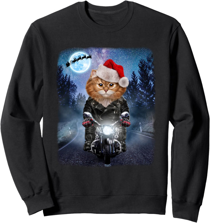 Orange Katze, die Weihnachtsmütze auf Motorrad trägt Sweatshirt