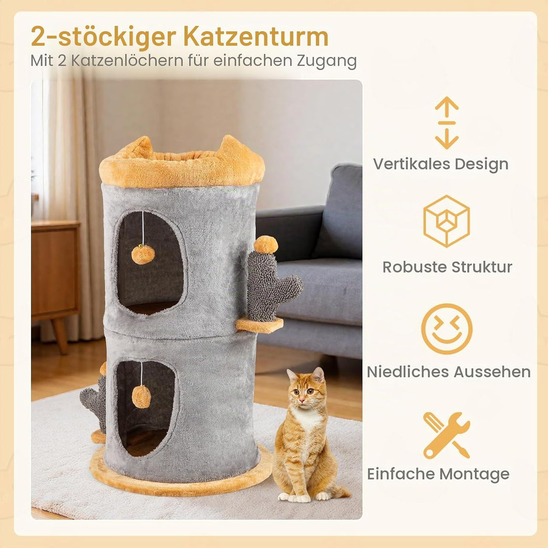FANTASK Kratztonne Ø48 x 83 cm, Kaktus Kratzbaum mit 2 Katzenhöhlen, Spieltonne mit 2 Bällen &amp; Pfost